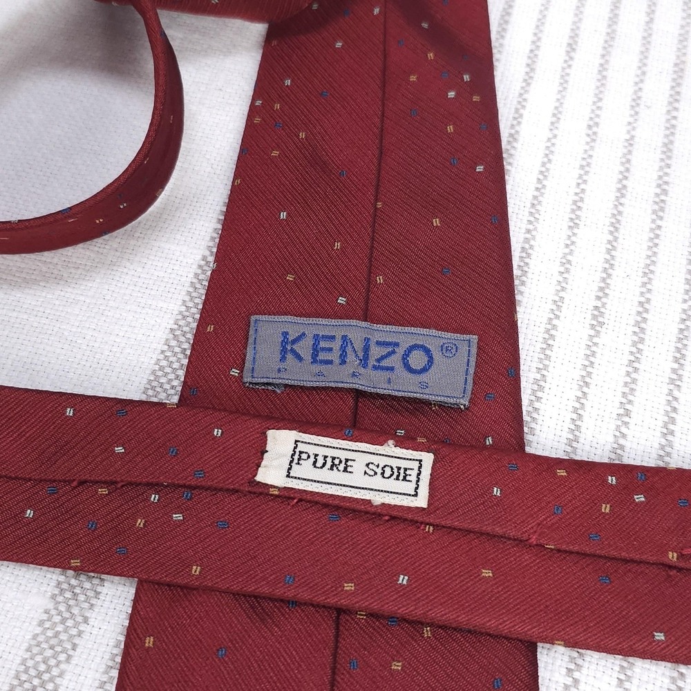 KENZO Paris Tie Mens VTG Burgundy Silk Geometric Dot Confetti Fun Festive 80s - Picture 5 of 7